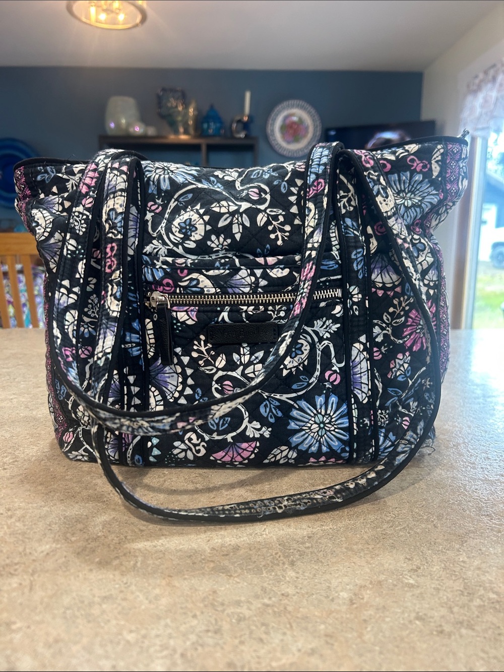 Vera Bradley Black Quilted Floral Tote with Pink & Blue Accents